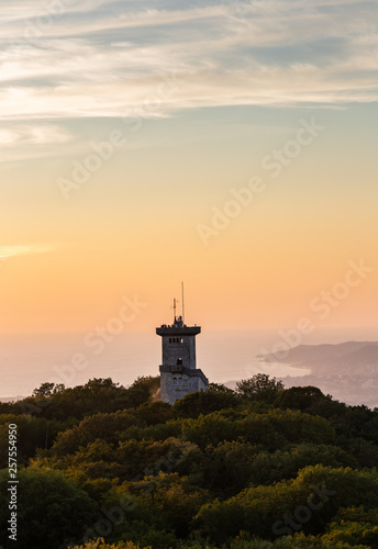 View of the observation tower on Mount Akhun on the ridge in Sochi, Russia