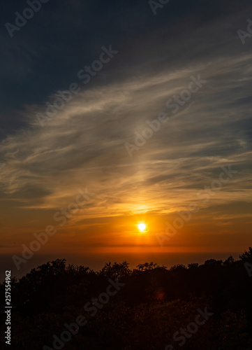 View of the beautiful sunset over the Black Sea coast from the observation tower from Mount Akhun in Sochi, Russia