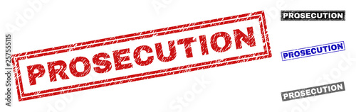 Grunge PROSECUTION rectangle stamps isolated on a white background. Rectangular seals with grunge texture in red, blue, black and gray colors.