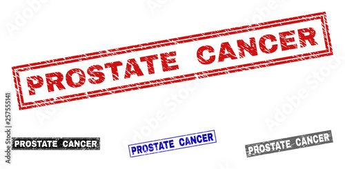 Grunge PROSTATE CANCER rectangle stamp seals isolated on a white background. Rectangular seals with distress texture in red, blue, black and grey colors.