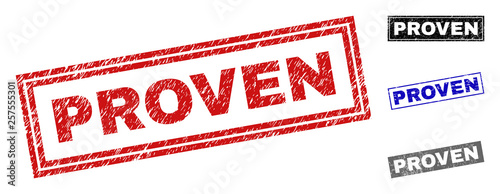 Grunge PROVEN rectangle stamp seals isolated on a white background. Rectangular seals with grunge texture in red, blue, black and gray colors.