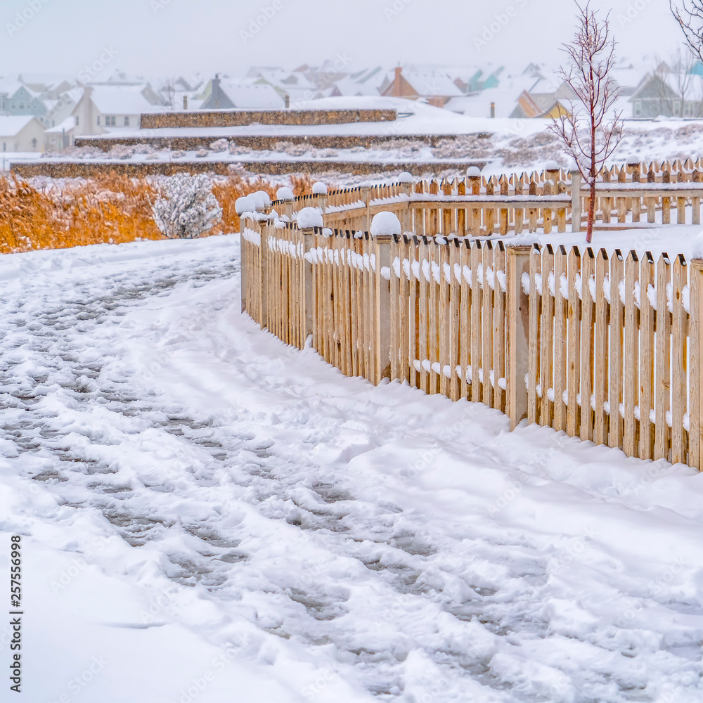 Snowy path with footprints along a wooden fence Snowy path with footprints along a wooden fence