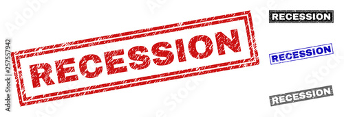Grunge RECESSION rectangle stamp seals isolated on a white background. Rectangular seals with distress texture in red, blue, black and grey colors.