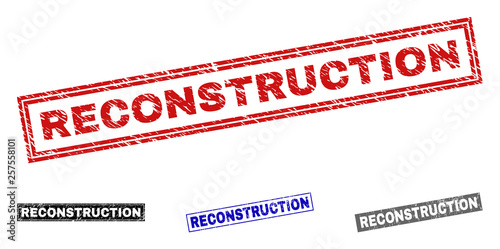 Grunge RECONSTRUCTION rectangle stamp seals isolated on a white background. Rectangular seals with grunge texture in red, blue, black and grey colors.