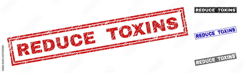Grunge REDUCE TOXINS rectangle stamp seals isolated on a white background. Rectangular seals with distress texture in red, blue, black and gray colors. Grunge REDUCE TOXINS rectangle stamp seals isolated on a white background. Rectangular seals with distress texture in red, blue, black and gray colors.
