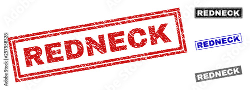 Grunge REDNECK rectangle stamp seals isolated on a white background. Rectangular seals with grunge texture in red, blue, black and gray colors.