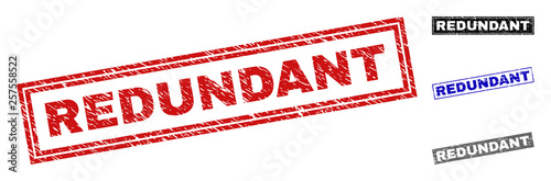 Grunge REDUNDANT rectangle watermarks isolated on a white background. Rectangular seals with grunge texture in red, blue, black and gray colors.