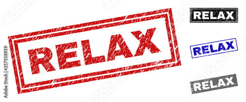 Grunge RELAX rectangle stamp seals isolated on a white background. Rectangular seals with grunge texture in red, blue, black and gray colors.