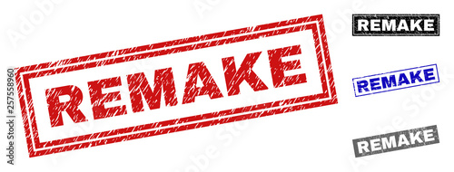 Grunge REMAKE rectangle stamp seals isolated on a white background. Rectangular seals with grunge texture in red, blue, black and gray colors.
