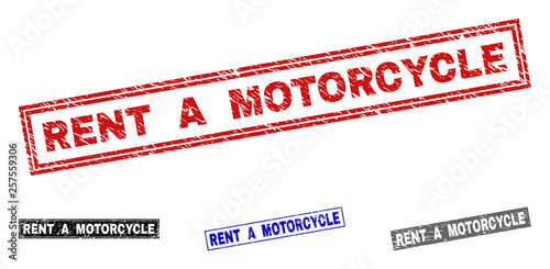 Grunge RENT A MOTORCYCLE rectangle stamp seals isolated on a white background. Rectangular seals with grunge texture in red, blue, black and gray colors.