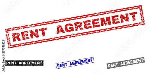 Grunge RENT AGREEMENT rectangle stamp seals isolated on a white background. Rectangular seals with distress texture in red, blue, black and gray colors.