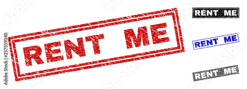 Grunge RENT ME rectangle stamp seals isolated on a white background. Rectangular seals with grunge texture in red, blue, black and grey colors.