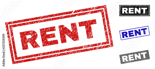 Grunge RENT rectangle stamp seals isolated on a white background. Rectangular seals with grunge texture in red, blue, black and grey colors.