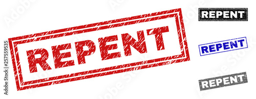 Grunge REPENT rectangle stamp seals isolated on a white background. Rectangular seals with grunge texture in red, blue, black and grey colors.