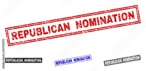 Grunge REPUBLICAN NOMINATION rectangle stamp seals isolated on a white background. Rectangular seals with distress texture in red, blue, black and gray colors.
