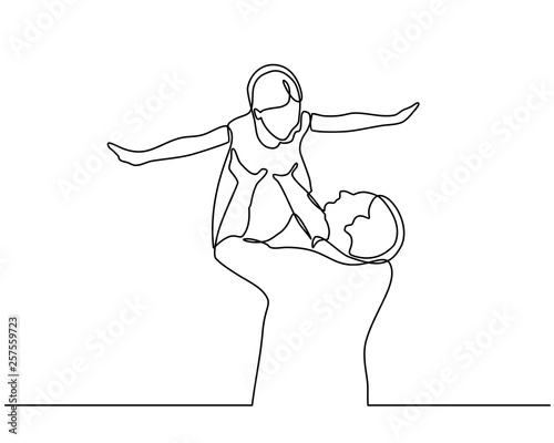 continuous line drawing of family, parenthood and people concept - happy Father playing with little baby at home isolated on white background