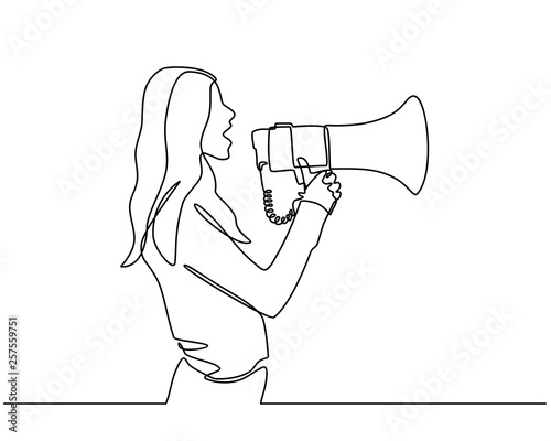 continuous line drawing of businesswoman standing and talking through a megaphone. businesswoman shouting in megaphone isolated on white background