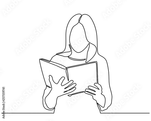 continuous line drawing of Happy mature woman reading her book. young women reading book isolated on white background