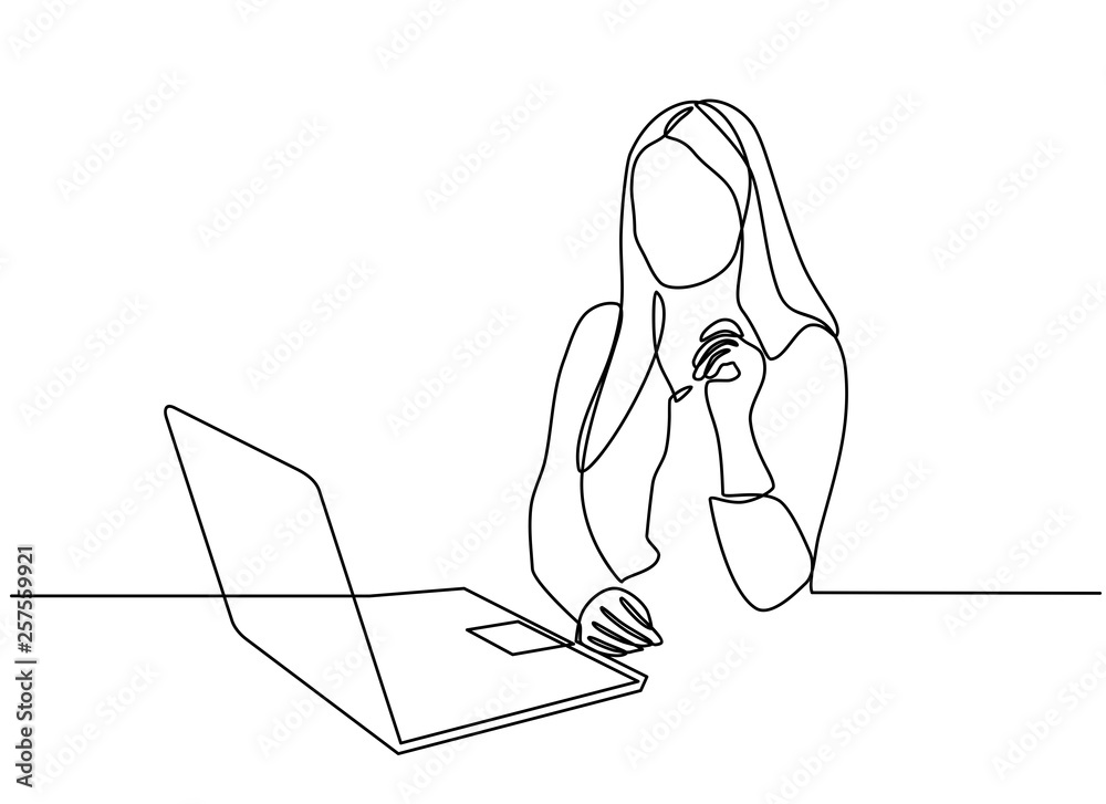 continuous line drawing of professional young business woman using mobile digital tablet computer work and writing work plan on personal notebook isolated on white background - obrazy, fototapety, plakaty 