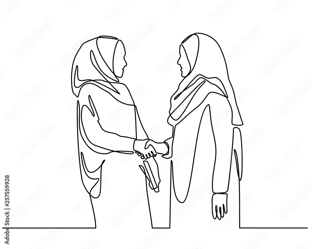 continuous line drawing of two Muslim women chatting and shaking hands. meeting two women and shake hands isolated on white background continuous line drawing of two Muslim women chatting and shaking hands. meeting two women and shake hands isolated on white background