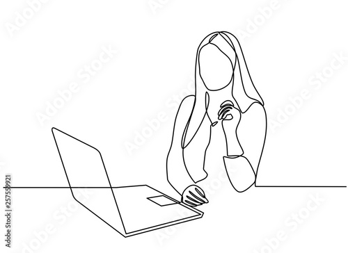 continuous line drawing of professional young business woman using mobile digital tablet computer work and writing work plan on personal notebook isolated on white background