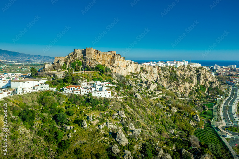 Salobrena castle and hilltop town along the Mediterranean sea in Andalusia Spain aerial panorama 