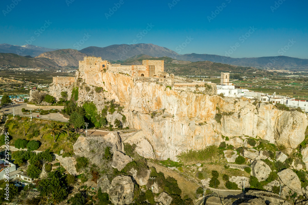 Salobrena castle and hilltop town along the Mediterranean sea in Andalusia Spain aerial panorama 