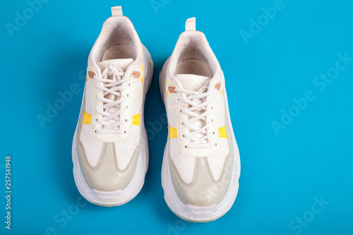Fitness equipment. Sneakers, on blue background