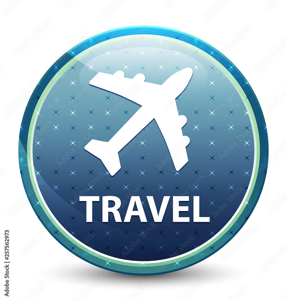Travel (plane icon) shiny sky blue round button Travel (plane icon) shiny sky blue round button