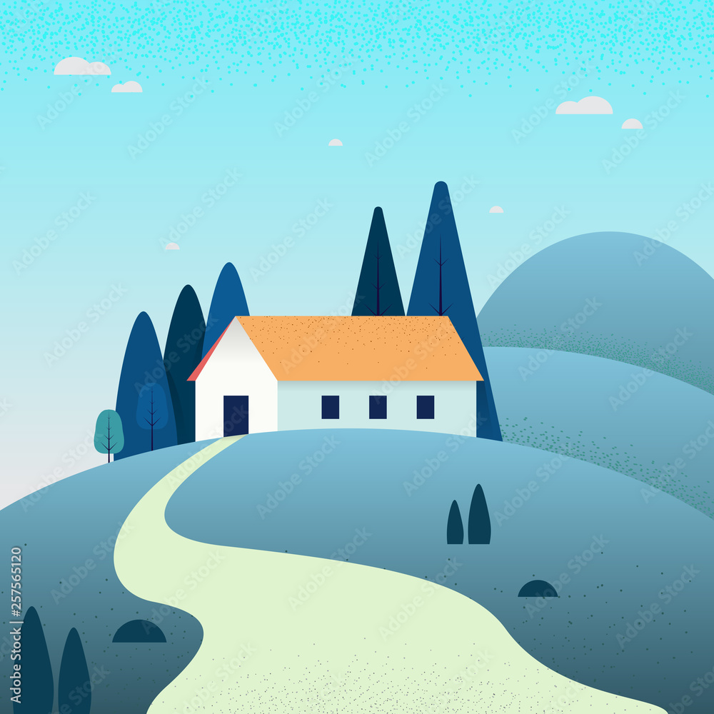 Rural landscape. Suburban traditional house. Family home. Vector illustration. tree. Mountain