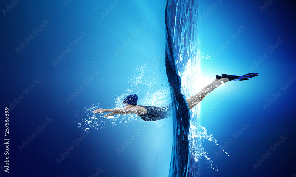Swimmer in flippers. Mixed media - obrazy, fototapety, plakaty 