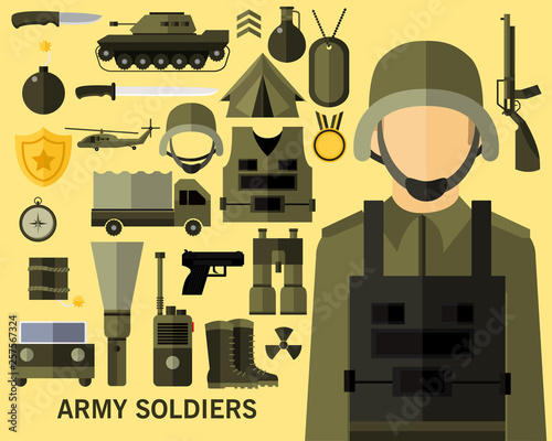 Army soldiers concept background. Flat icons.