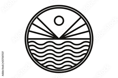 Sun and sea logo template. Round icon of sea landscape - waves, sunrise, wavy lines. Minimal badge for business emblems, for a travel, tourism and ecology, health and yoga Center.