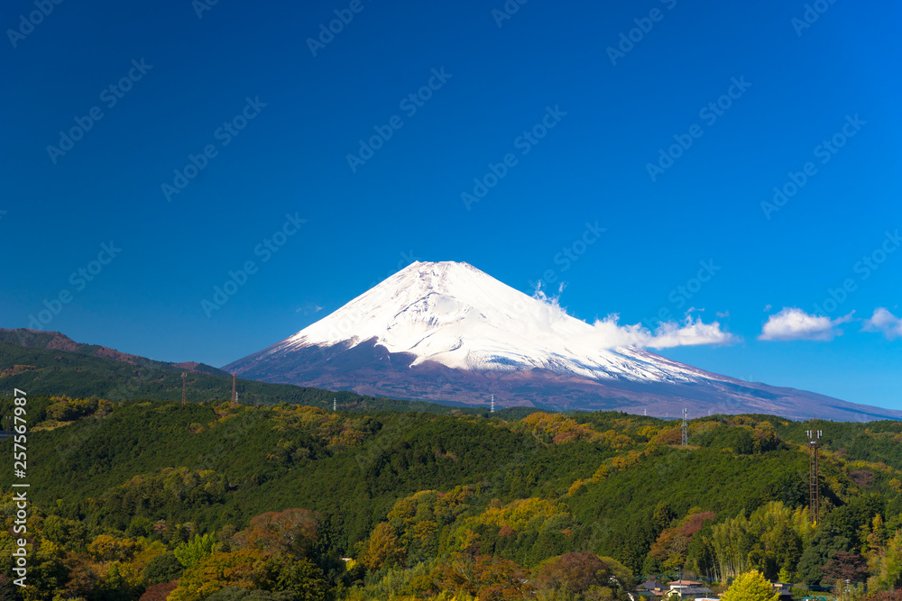 裾野市から見た日本の富士山　少し雲がかかっている
