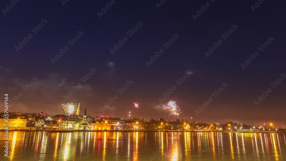 Timelapse of the fireworks and their reflection in Tjörnin lake during 2019' New year's eve celebrations in the city center of Reykjavik.
Reykjavik, Iceland.