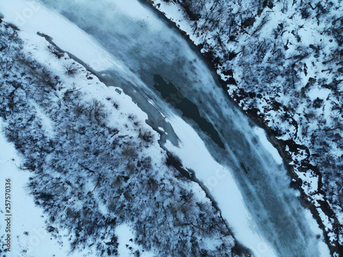 The river in early spring, when the ice has not yet broken. Aerial view. © ilyaplatonov