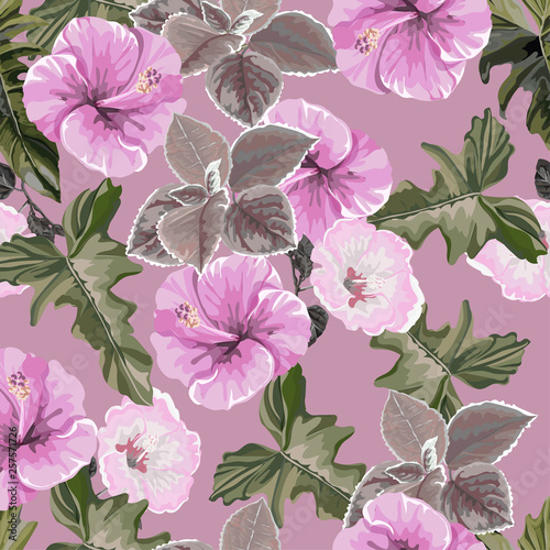 Tropical flower and leaves with hibiscus seamless pattern-vector