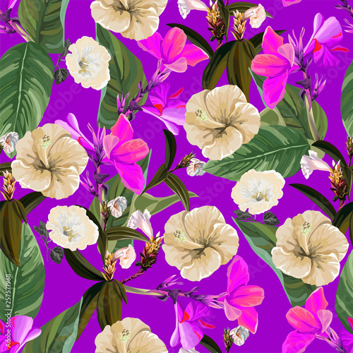 Tropical flower and leaves with hibiscus and canna lily seamless pattern-vector