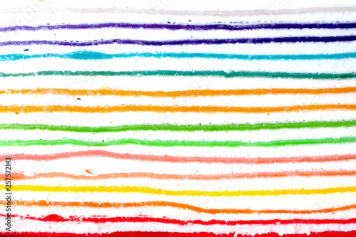 Abstract colorful layer pattern on sliced surface of rainbow crape cake, colorful carpe cake texture as food background, pattern background, texture background, cream texture, crape cake layer pattern