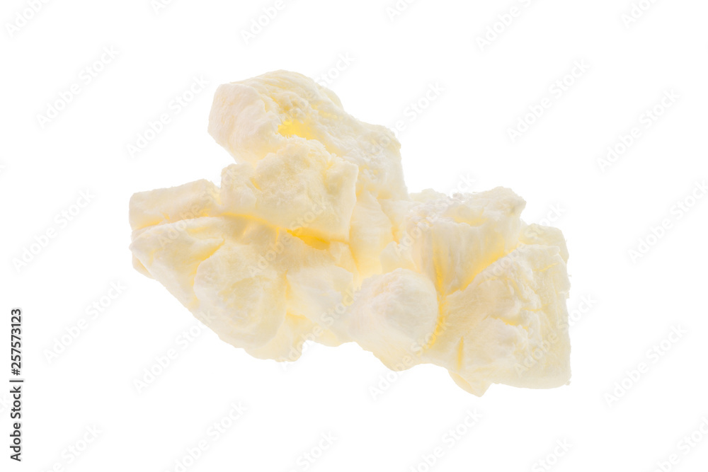 Kernel of popped popcorn isolated on white - macro image with great detail and focus throughout image Kernel of popped popcorn isolated on white - macro image with great detail and focus throughout image