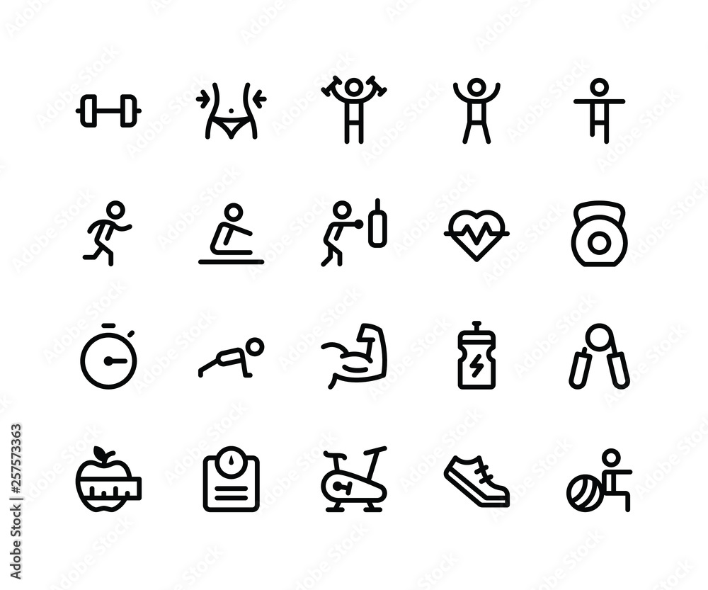Simple Set of Fitness Related Vector Filled Line Icons. Contains such Icons as dumbbell, exercise, run, boxing, push up and More. pixel perfect vector icons based on 32px grid. Editable Strokes Simple Set of Fitness Related Vector Filled Line Icons. Contains such Icons as dumbbell, exercise, run, boxing, push up and More. pixel perfect vector icons based on 32px grid. Editable Strokes