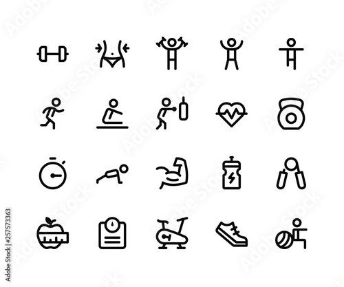 Simple Set of Fitness Related Vector Filled Line Icons. Contains such Icons as dumbbell, exercise, run, boxing, push up and More. pixel perfect vector icons based on 32px grid. Editable Strokes