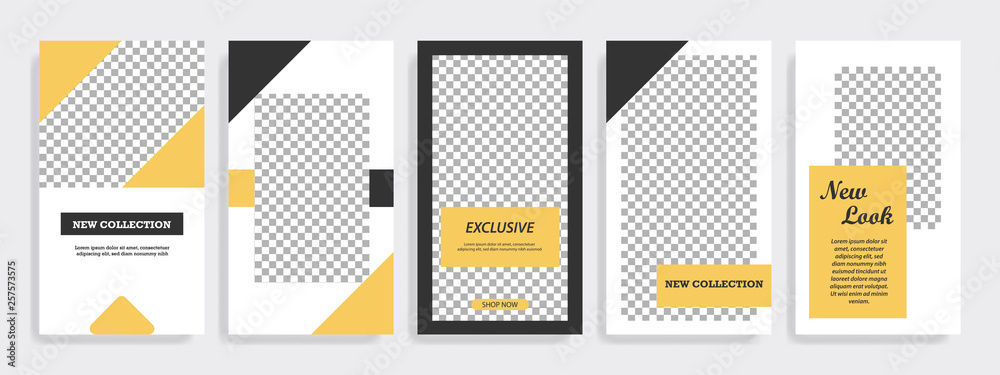 Modern minimal square stripe line shape template in yellow, gold, black and white color with frame. Corporate advertising template for social media stories, story, business banner, flyer, and brochure