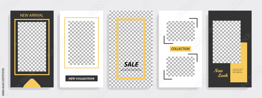 Modern minimal square stripe line shape template in yellow, gold, black and white color with frame. Corporate advertising template for social media stories, story, business banner, flyer, and brochure