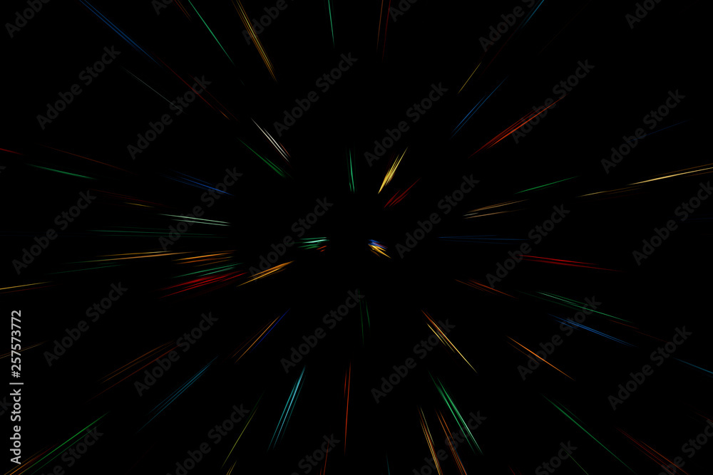 Obraz premium Bokeh multi colored lines on black background. abstraction. Speed light motion blur texture. Star particle or space traveling