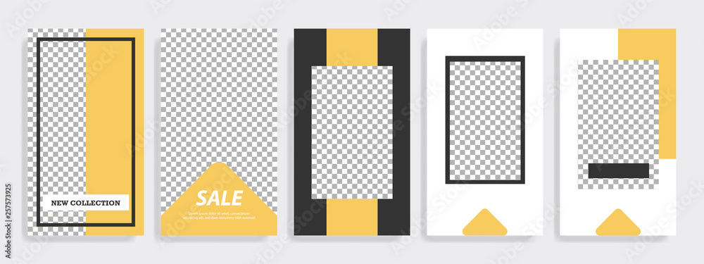 Modern minimal square stripe line shape template in yellow, gold, black and white color with frame. Corporate advertising template for social media stories, story, business banner, flyer, and brochure