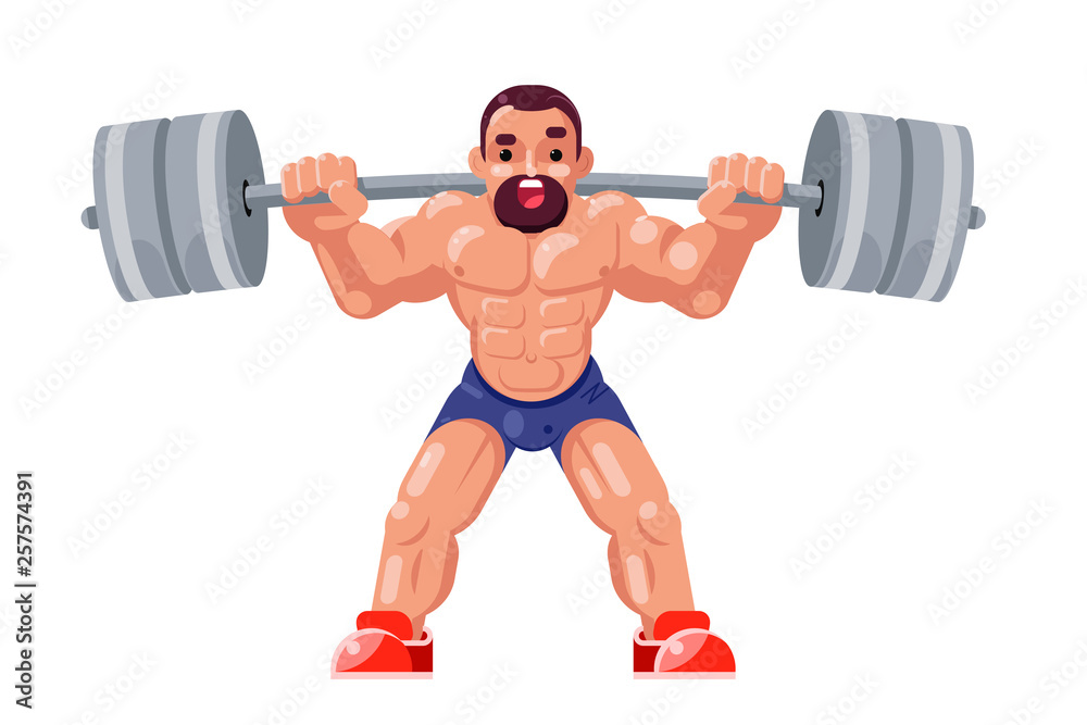 Athletic weightlifting workout with barbell muscles sport strongman beautiful body fitness flat design isolated on white vector illustration Athletic weightlifting workout with barbell muscles sport strongman beautiful body fitness flat design isolated on white vector illustration