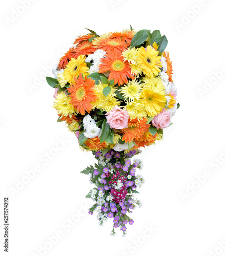 Spherical shape flowers bouquet with appendage isolated on white background, beautiful florist design of flower ball for decorative in good occasion, flower ball shape bouquet, beautiful bouquet