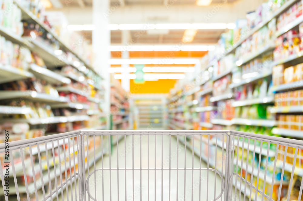 Trolley Shopping Cart between Shelf of Snack and Candy Trolley Shopping Cart between Shelf of Snack and Candy