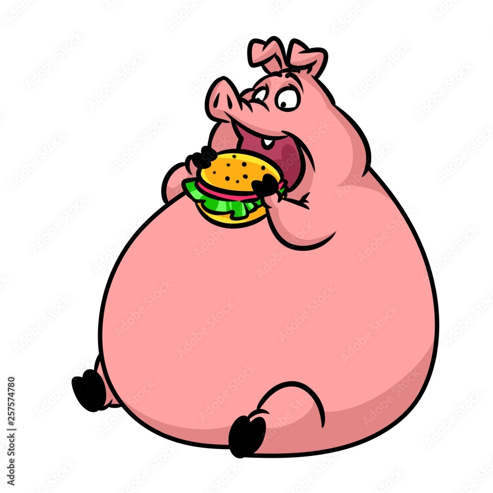Fat pig eats fast food hamburger cartoon illustration isolated image